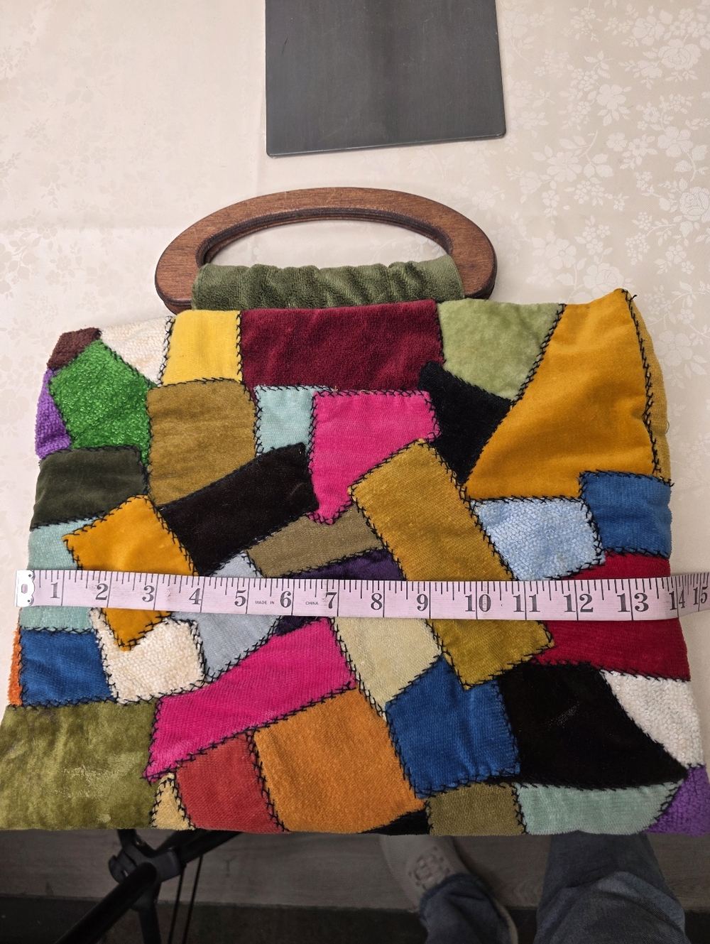 Vtg Colorful Patchwork Velvet Handbag w/ Carved Wood Handle Boho Whimsigoth OOAK - Picture 6 of 8